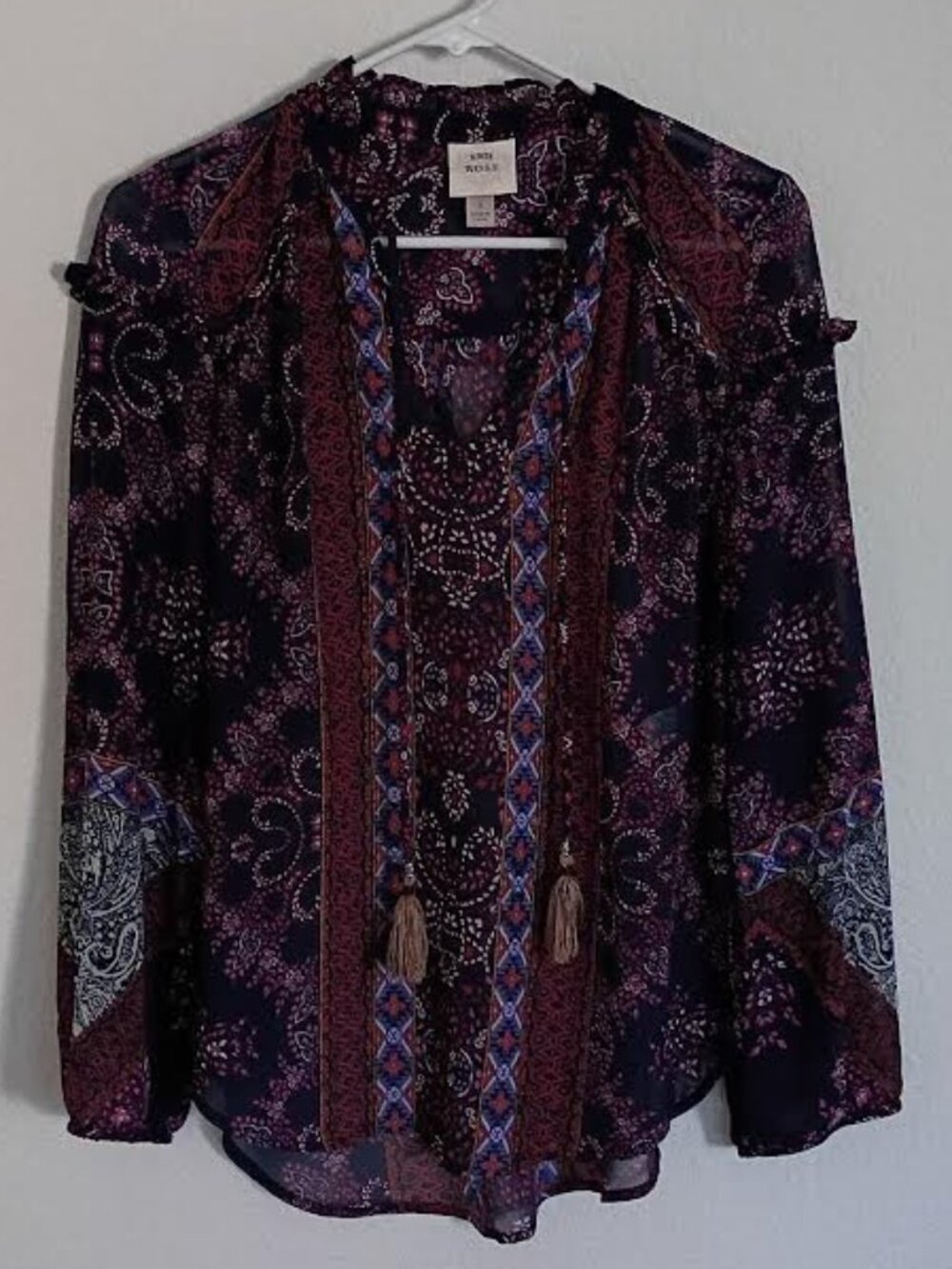 KNOX ROSE WOMEN'S TOP NAVY PAISLEY RUFFLES LONG SLEEVE BOHO TASSEL TIE NECK SML